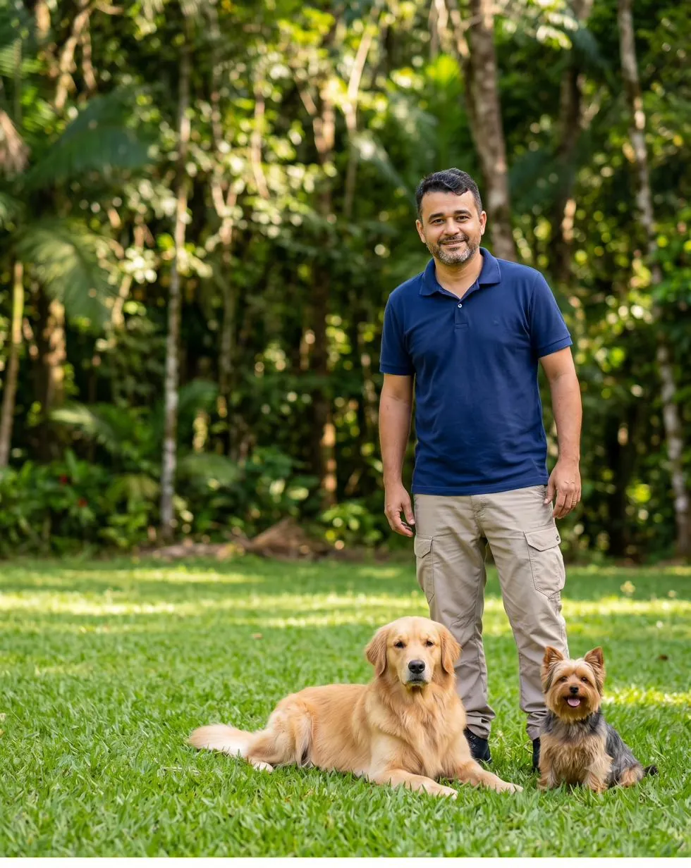 V. Júnior, especialista em comportamento canino em Guarapari, ao lado de dois cães